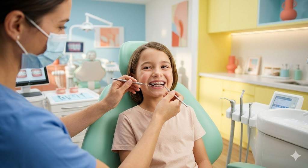 Smiling child with braces in Muscat