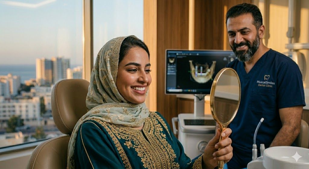 Patient smiling after getting same-day dental implants in Muscat
