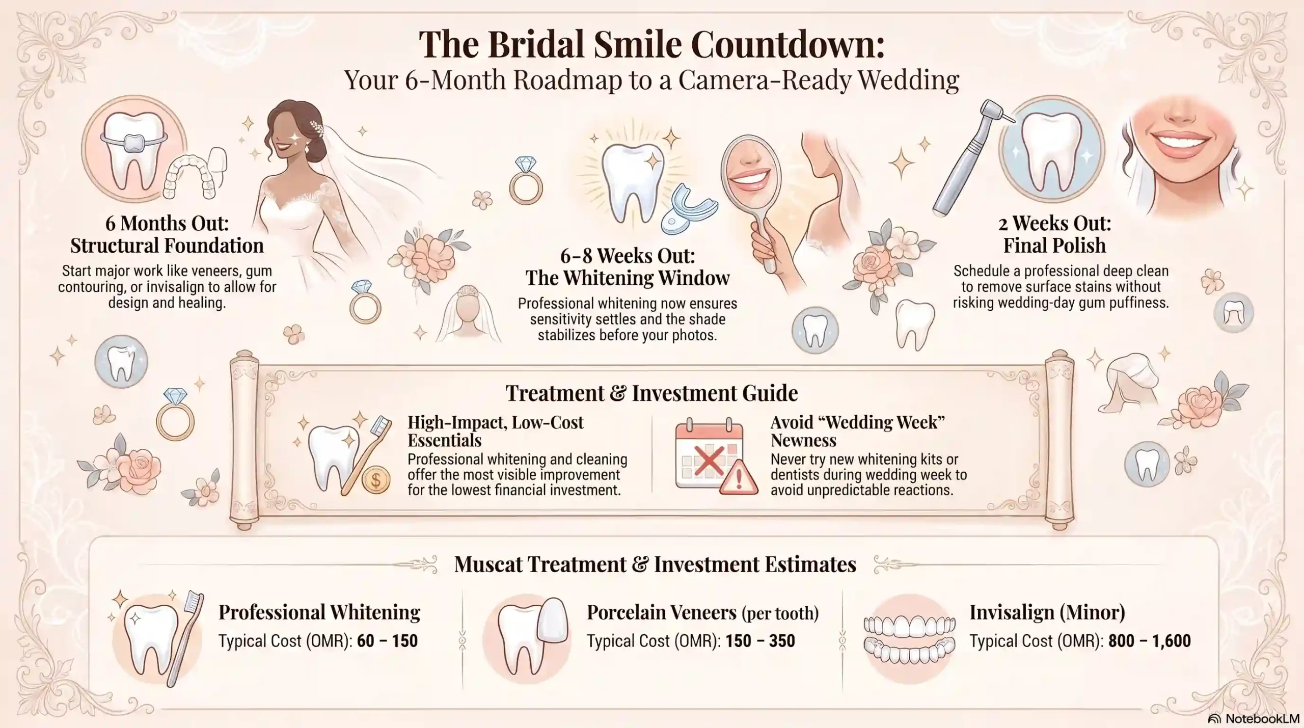 Bridal smile countdown planning guide infographic showing the 6-month wedding smile timeline