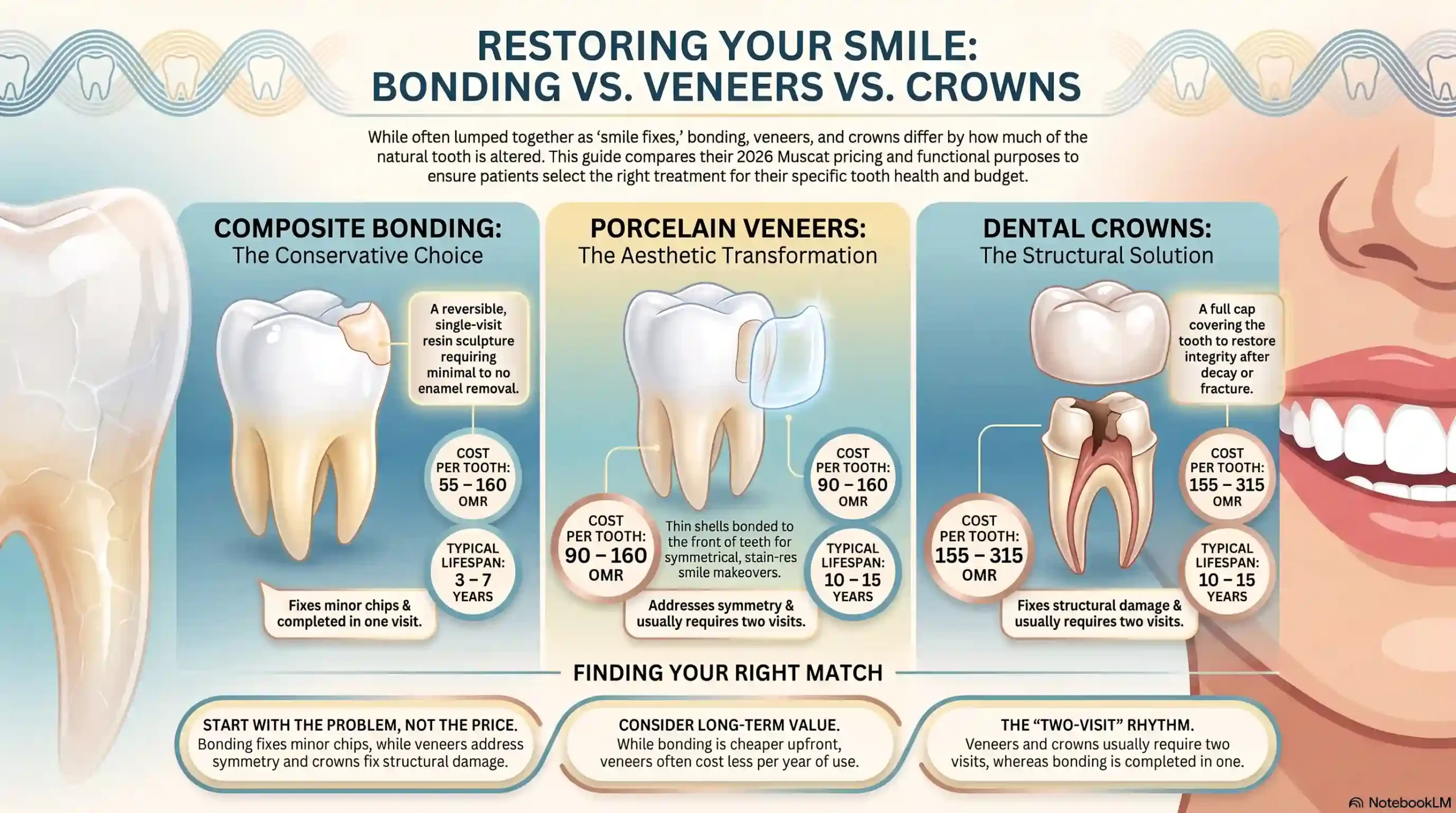 2026 Muscat dental restoration comparison guide: veneers vs crowns vs bonding