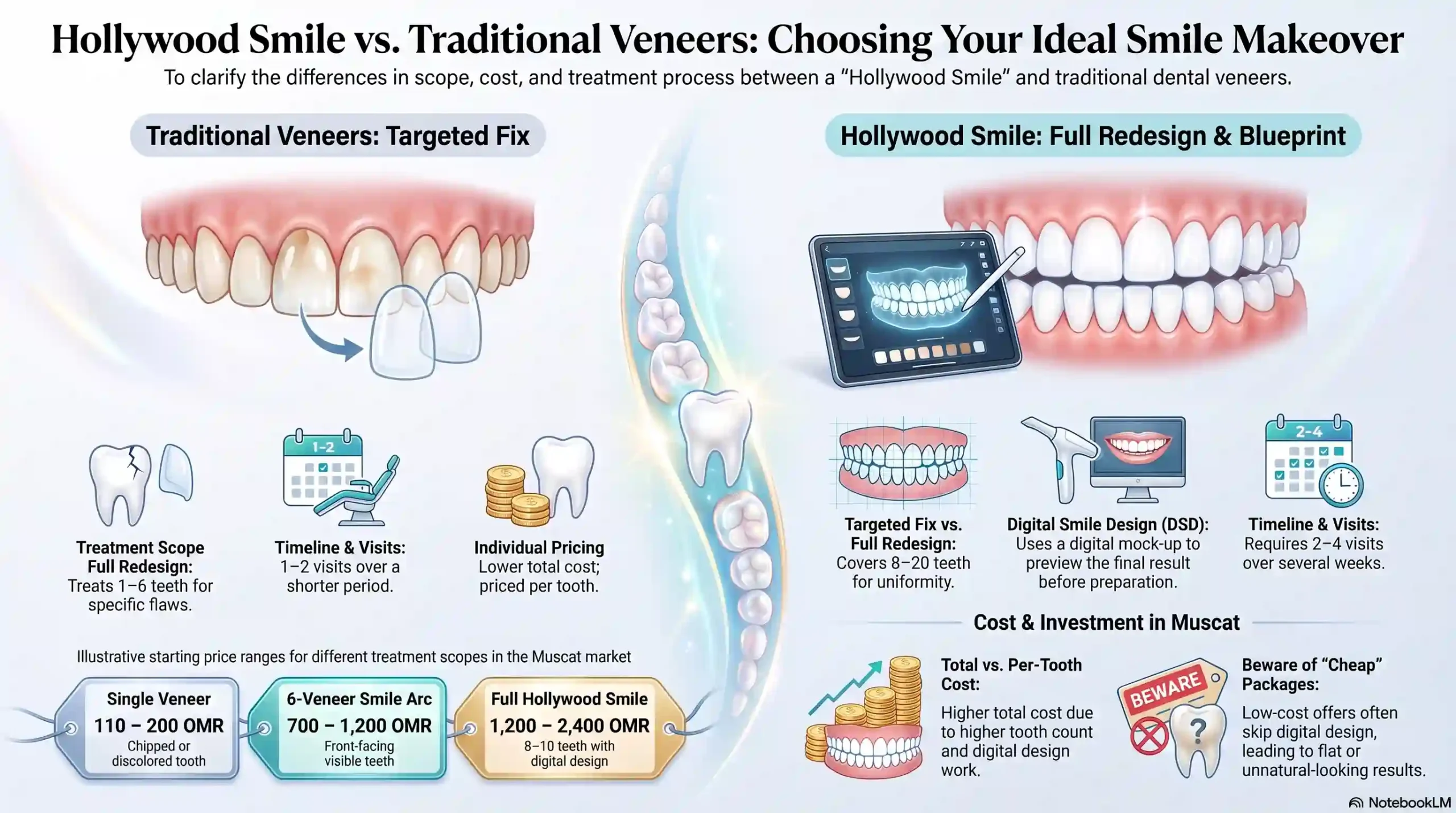 Infographic: Dental Veneers vs. Hollywood Smile — key differences at a glance for Muscat patients