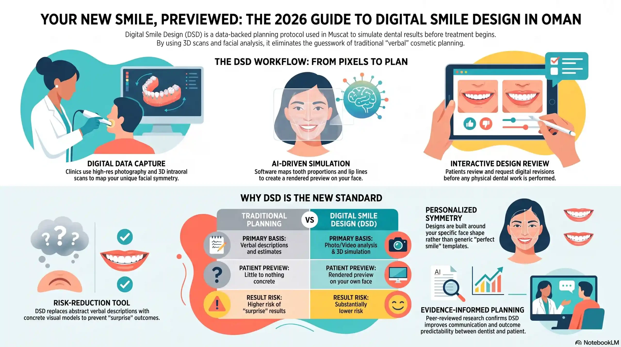 Infographic: Digital Smile Design in Oman — 2026 process, cost & clinic checklist at a glance