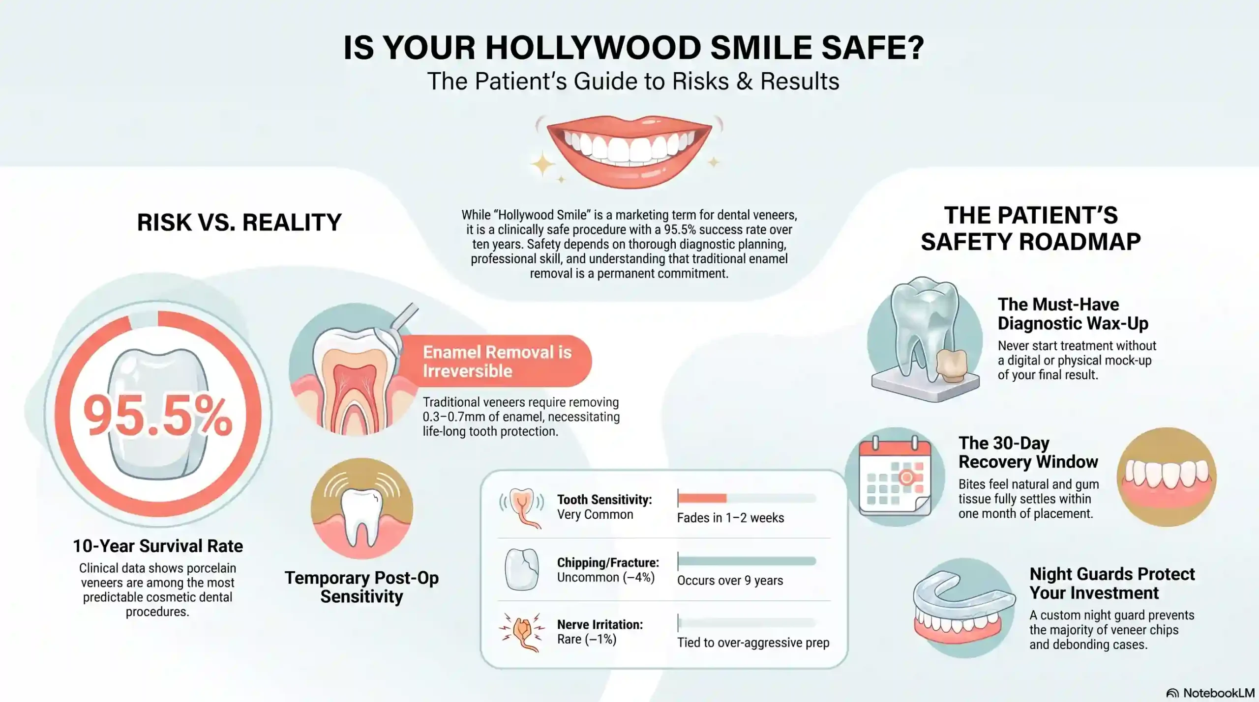 Infographic: Hollywood Smile safety — risks, side effects, and how to avoid complications