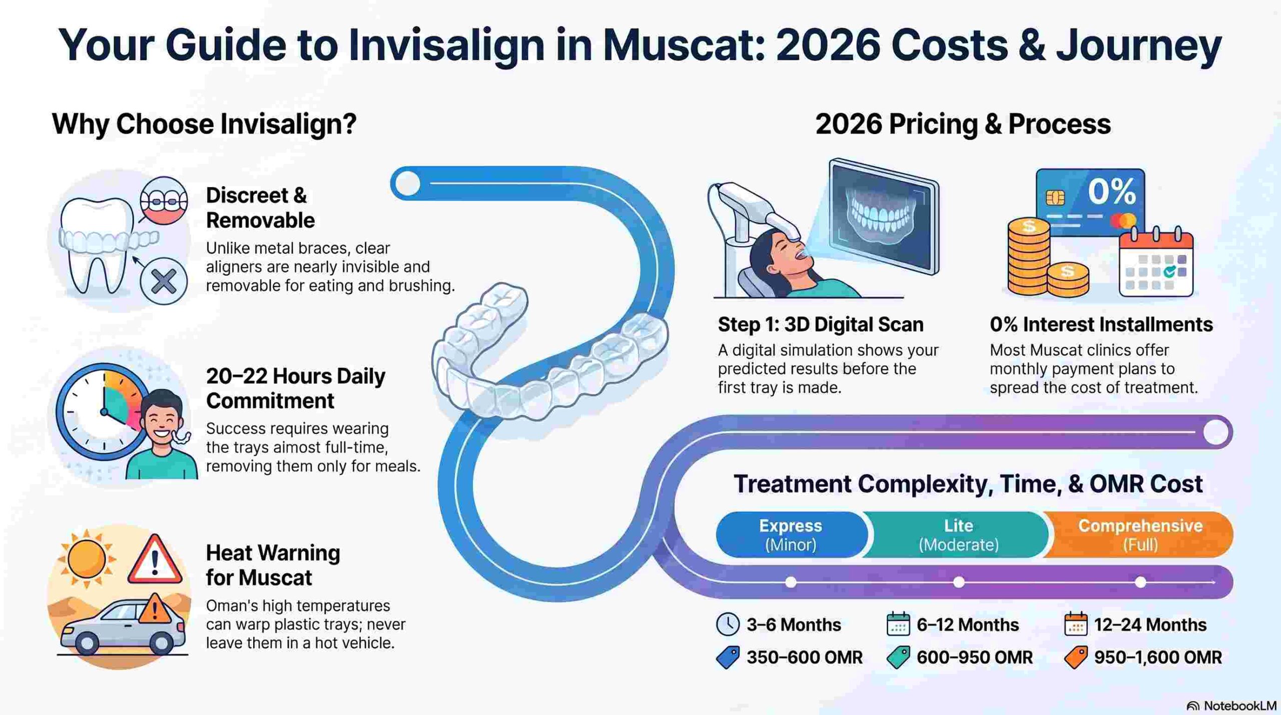 Infographic: Muscat Clear Aligner Guide 2026 — costs, timeline, and clinic checklist