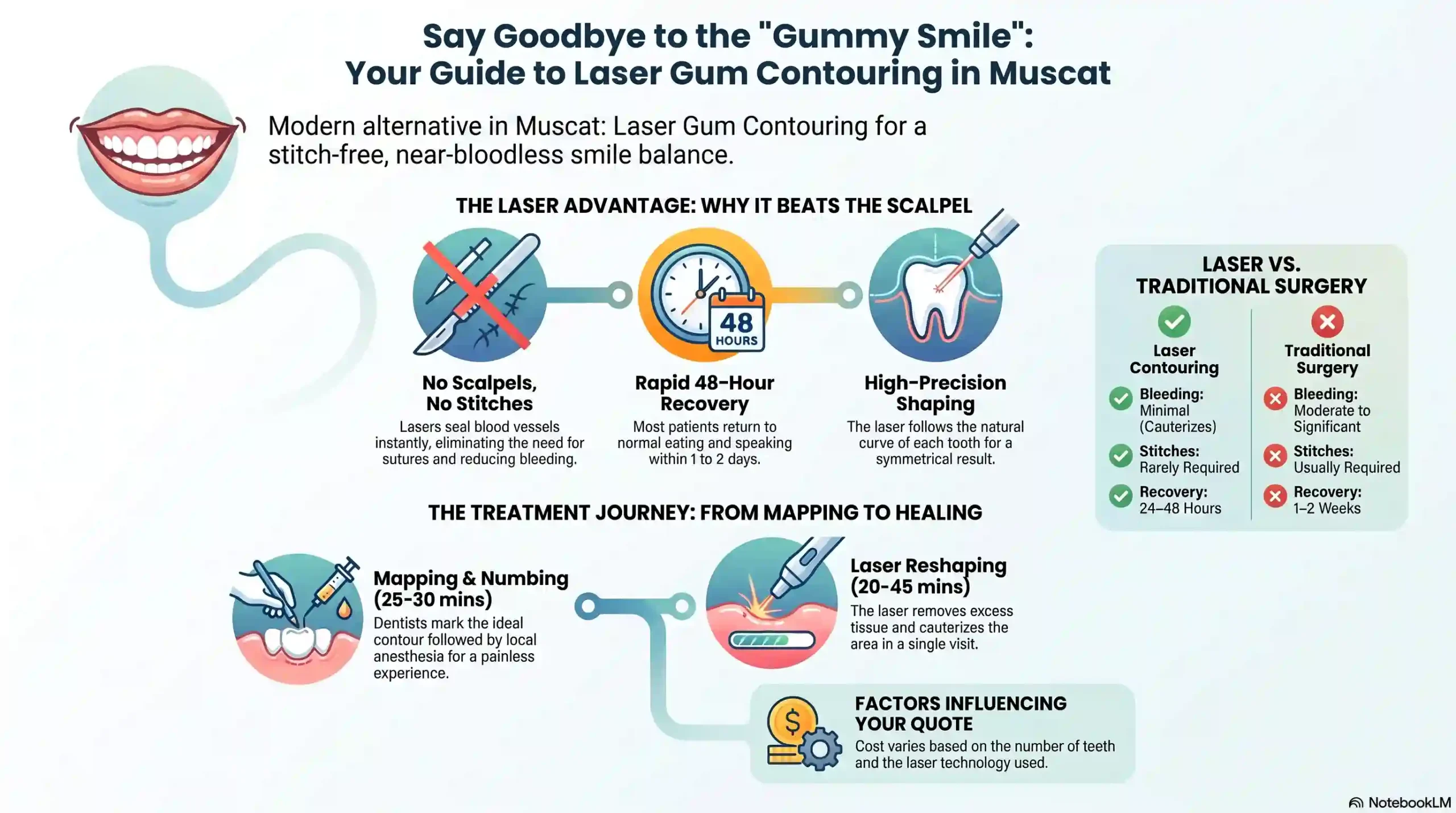 Infographic: Laser Gum Contouring in Muscat — 2026 process, cost & clinic checklist at a glance