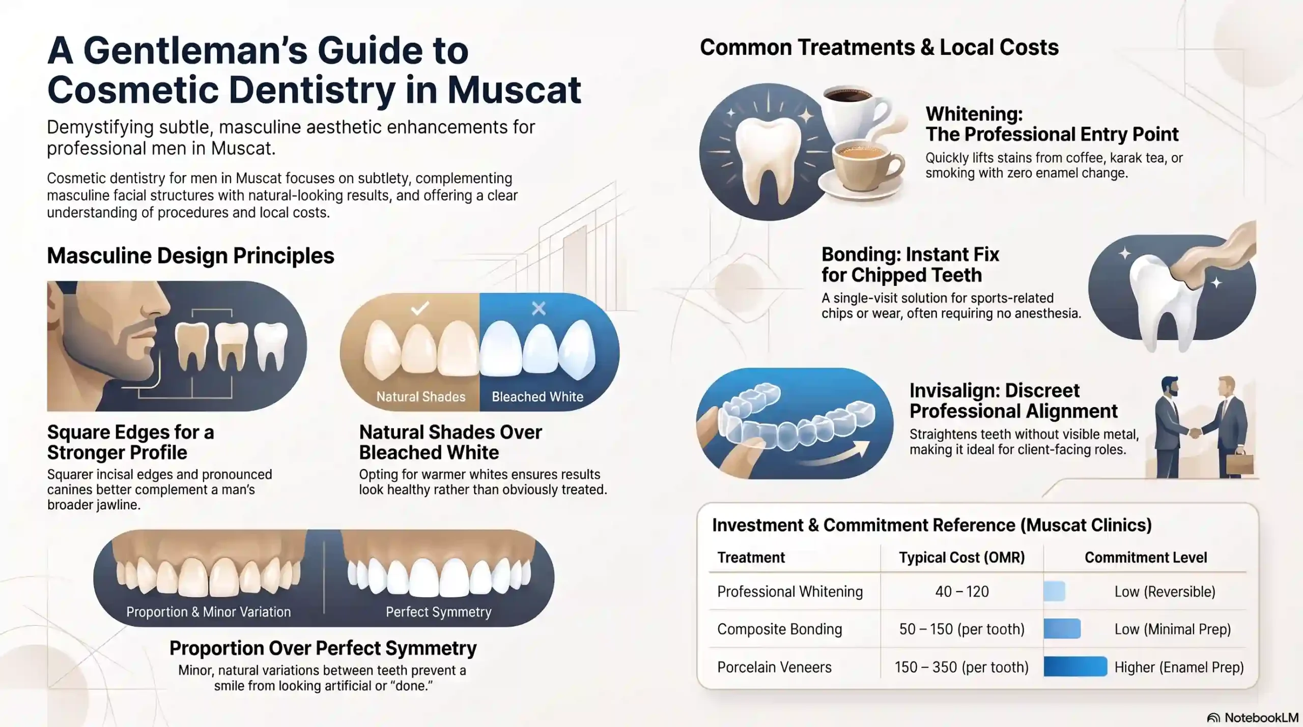 Infographic: cosmetic dentistry treatments, costs, and male smile design tips in Muscat