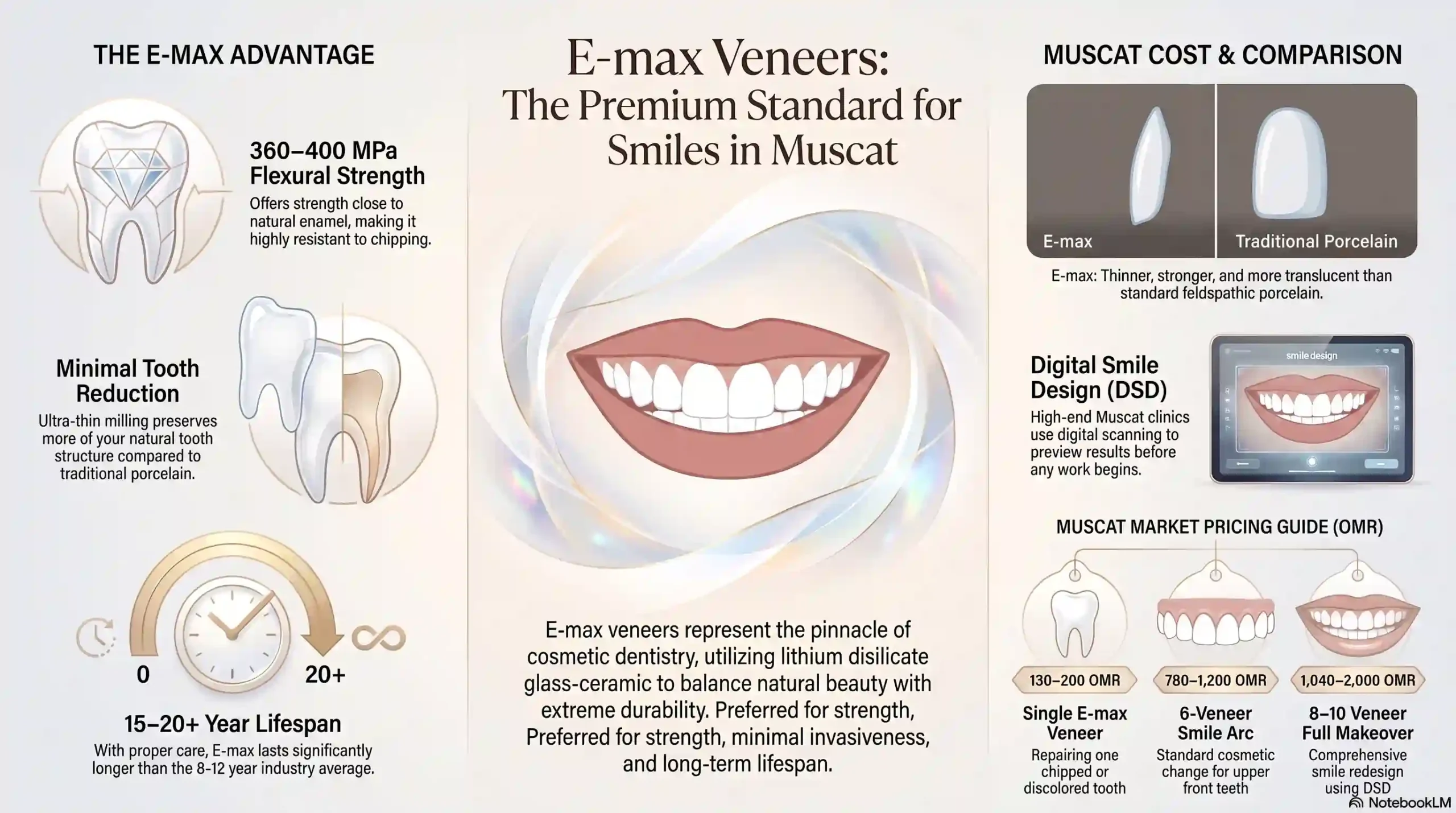 Infographic: Premium Lithium Disilicate (E-max) Veneer Guide — 2026 benefits, cost & clinic checklist at a glance
