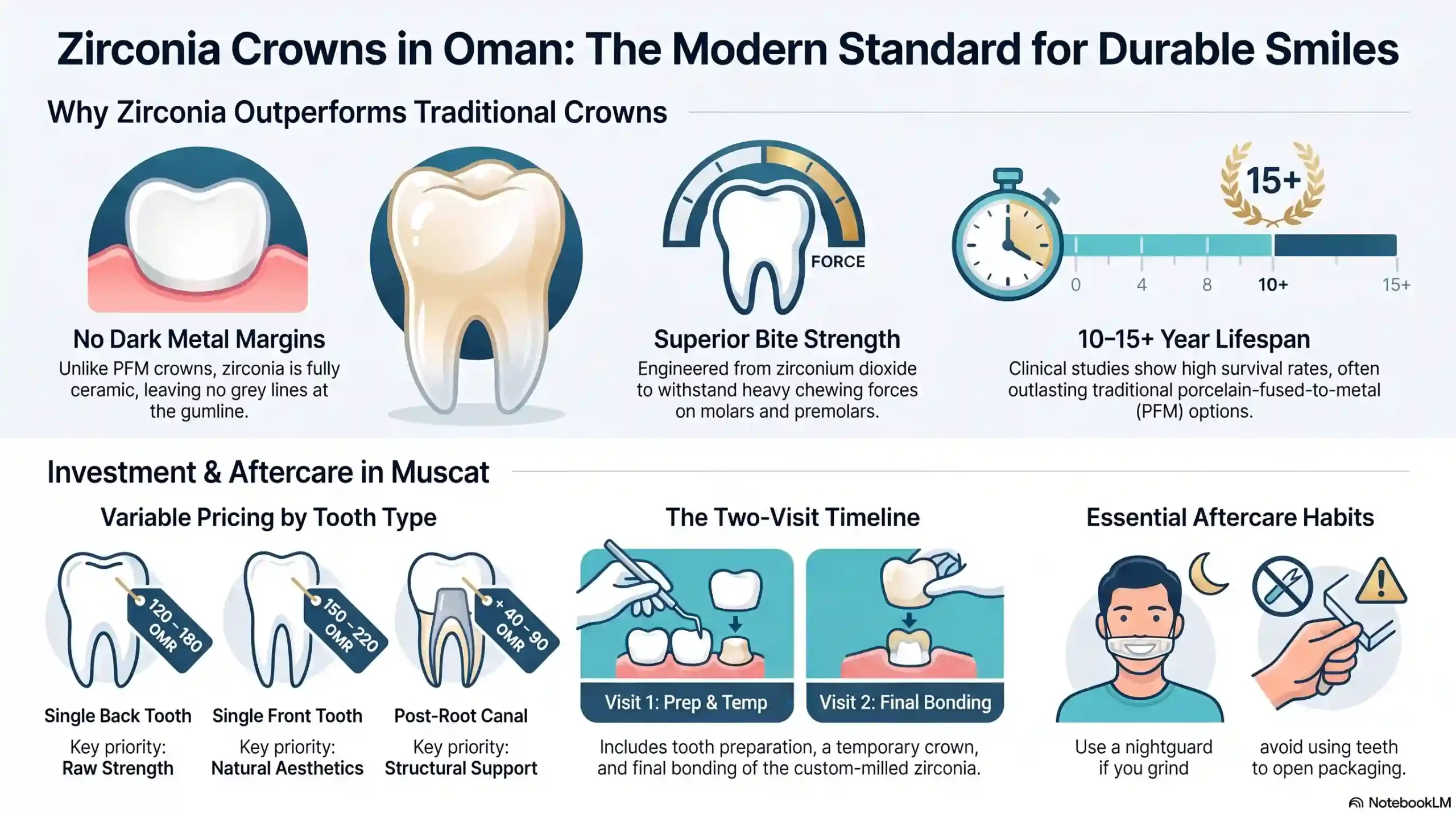Infographic: Zirconia Crowns in Oman — 2026 benefits, cost & clinic checklist at a glance