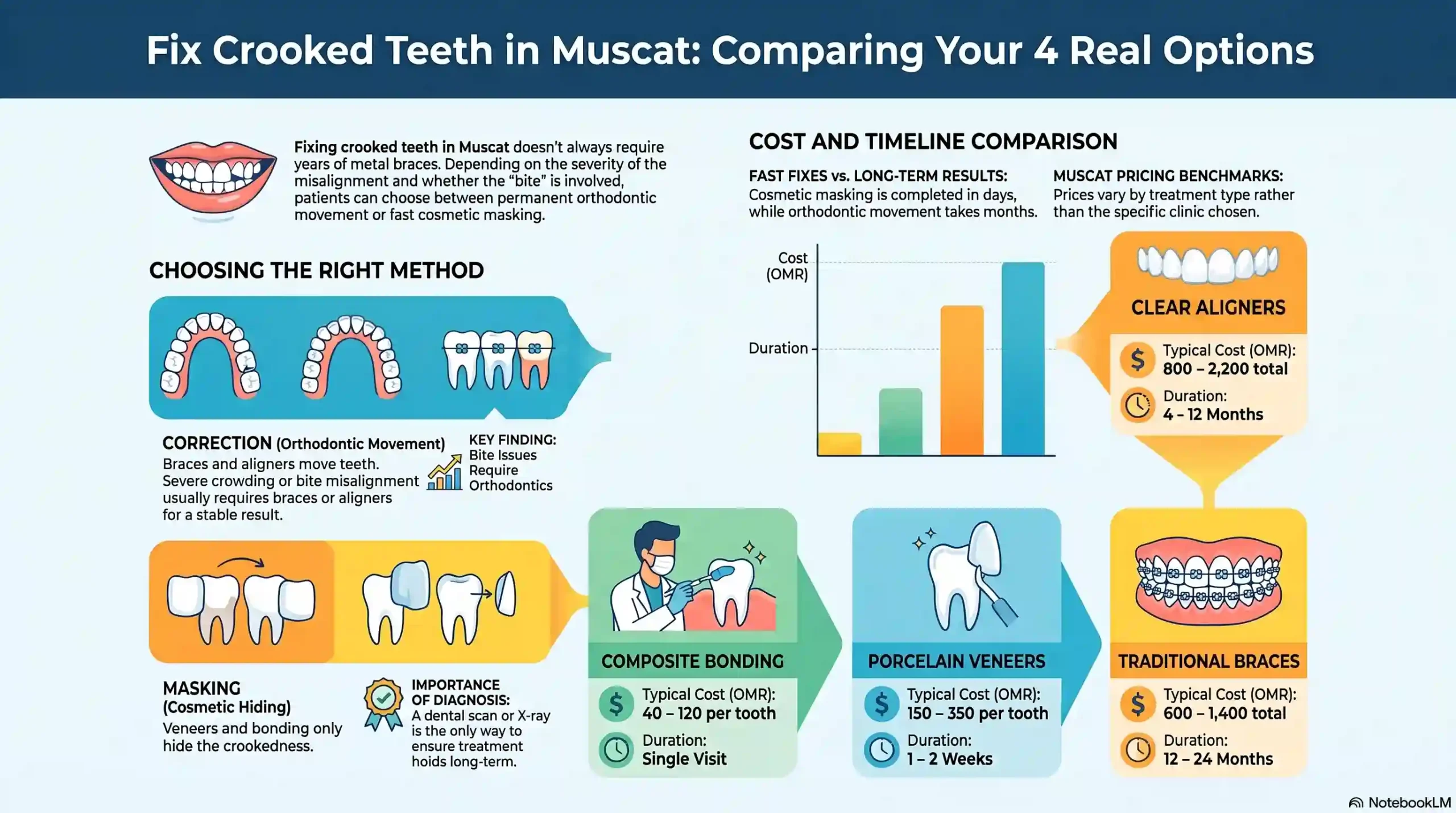 Comparison infographic of the 4 crooked teeth treatment options: clear aligners, braces, veneers, and bonding