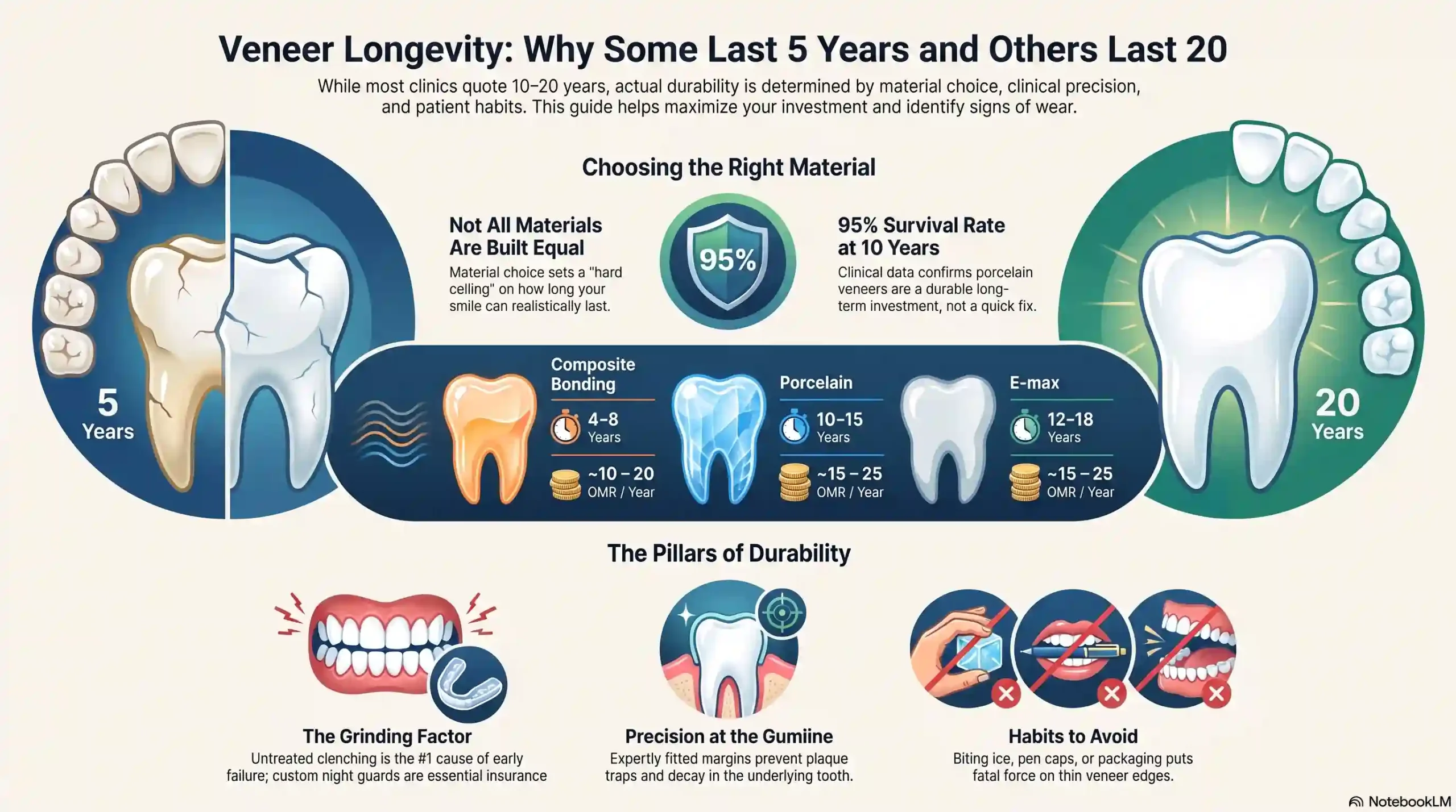 Infographic guide to veneer longevity comparing composite, porcelain, E-max, and zirconia lifespan by material