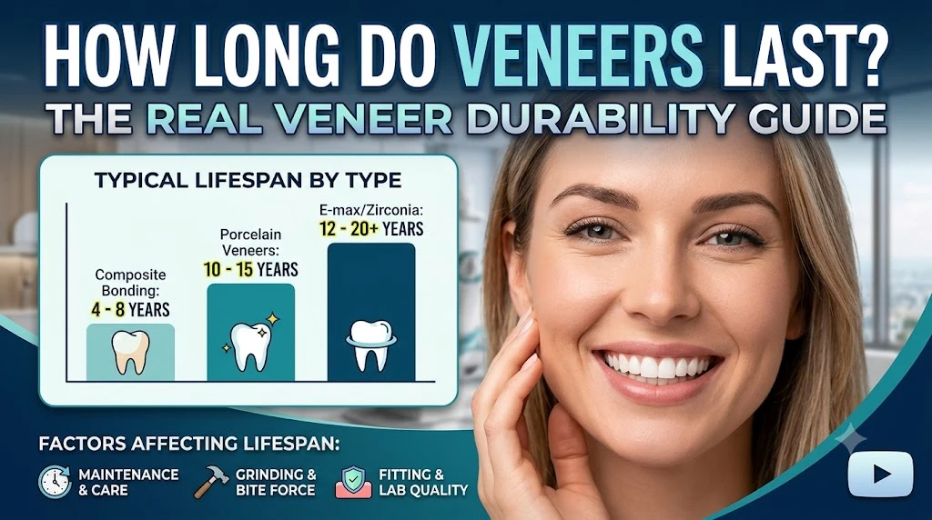 Close-up of a patient's healthy, natural-looking smile with well-maintained porcelain veneers